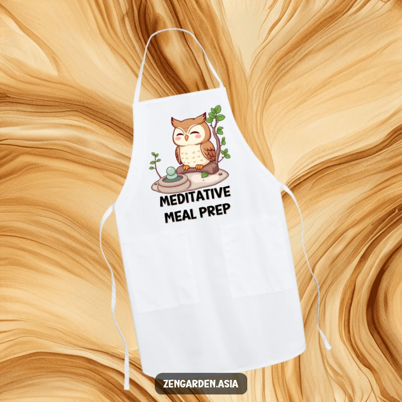 Funny owl character meditating peacefully beside a Zen garden, displayed on a practical and humorous kitchen apron.