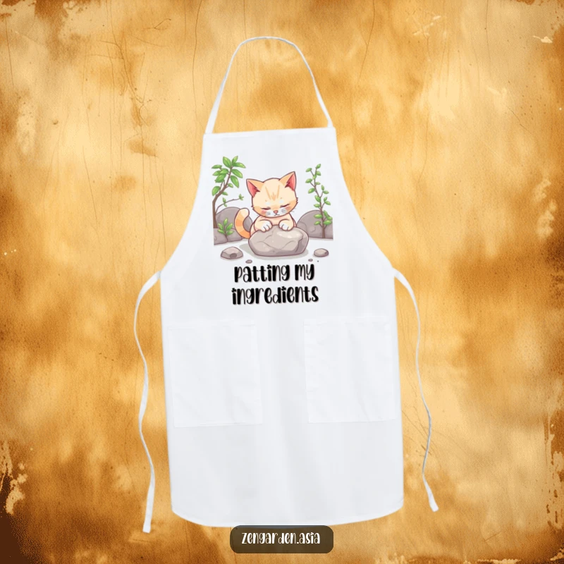 Funny cat zen apron, a curious cat gently patting a stone in a zen garden, protecting clothes during cooking.