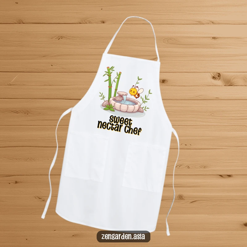 Funny Zen Bee Apron featuring a happy bee in a miniature zen garden with a bamboo fountain, perfect for a humorous cooking experience.