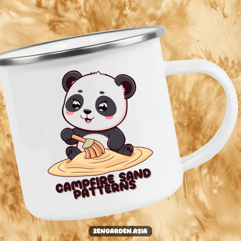 Funny playful panda character creating swirling sand art with a tiny rake, designed for a durable and humorous camping mug.