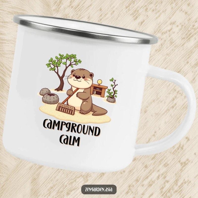 Funny otter zen camping mug, a happy otter raking sand in a zen garden, durable for outdoor relaxation.
