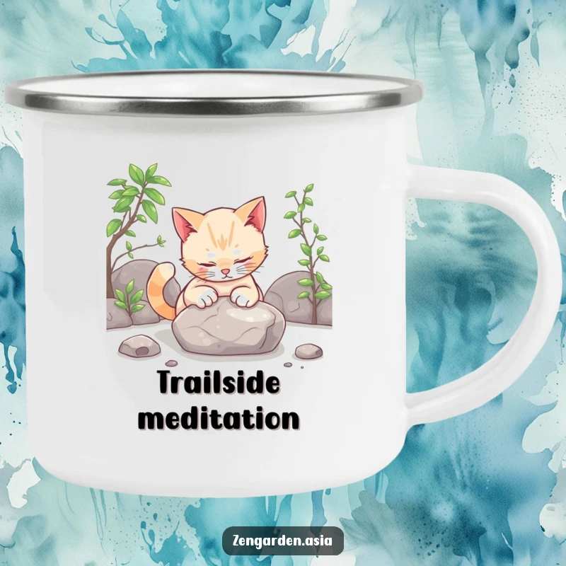 Funny cat zen camping mug, a curious cat gently patting a stone in a zen garden, durable for outdoor relaxation.