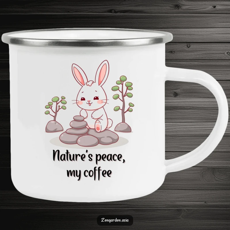 Funny Rabbit Zen Camping Mug: A cheerful rabbit carefully places stones in a zen garden, enjoying a peaceful outdoor moment.