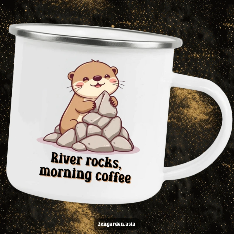 Funny Otter Builder Camping Mug: A playful otter gleefully stacks rocks in the wild, enjoying an outdoor building moment.