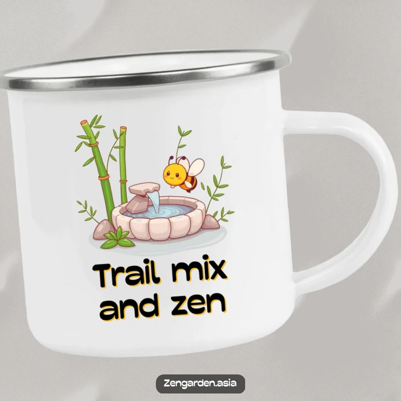 Funny Zen Bee Camping Mug showing a cheerful bee near a miniature zen garden bamboo fountain, ideal for enjoying drinks outdoors with humor.