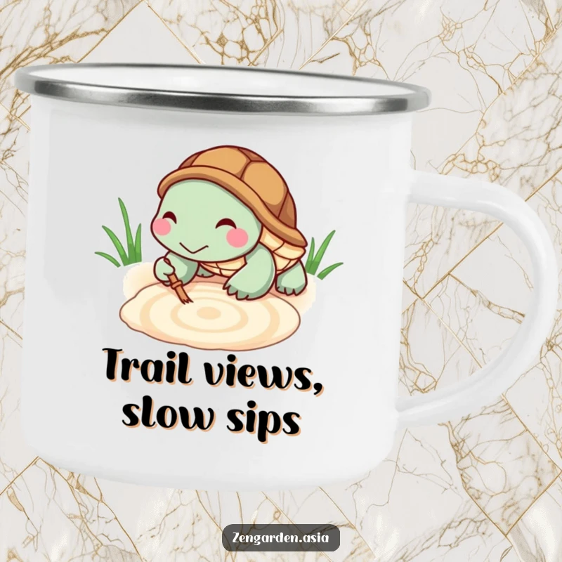 Funny Turtle Zen Camping Mug: A tiny turtle grins while raking a zen pattern in sand, enjoying a peaceful outdoor moment.