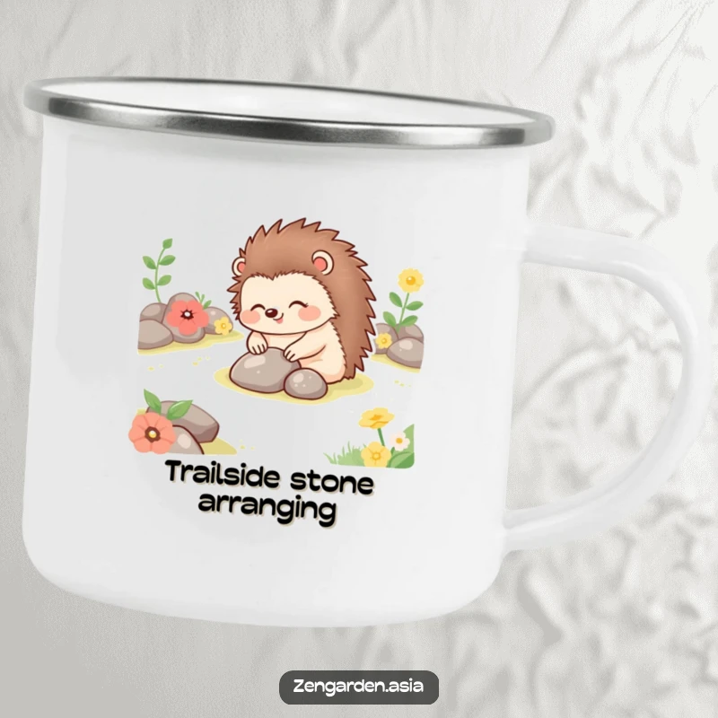 Funny happy hedgehog placing stones in a tranquil garden, designed for a durable and humorous camping mug.