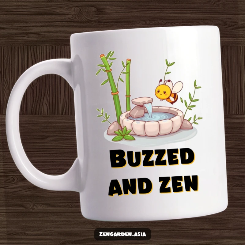 Funny Zen Bee Mug featuring a happy bee buzzing near a miniature zen garden with a bamboo fountain, evoking peace and humor.