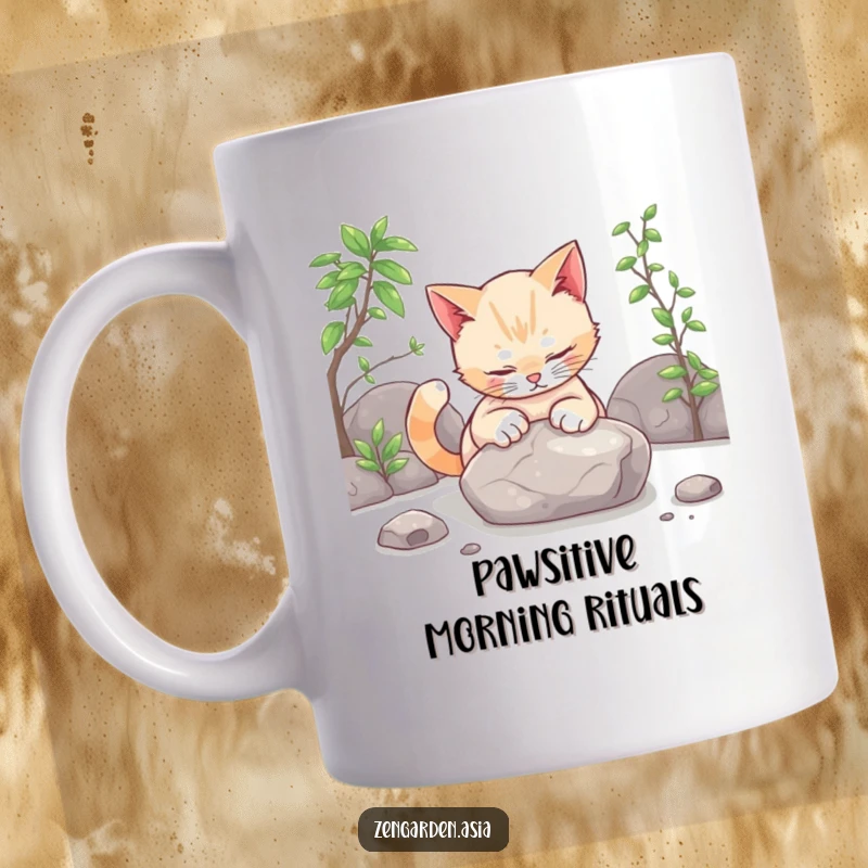 Funny cat zen mug, a curious cat gently patting a smooth stone in a peaceful zen garden setting.