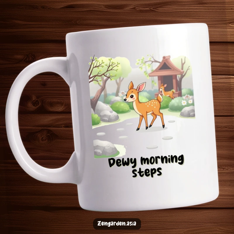Funny deer zen mug, a graceful deer walking through a tranquil zen garden, leaving gentle paw prints, nature inspired.