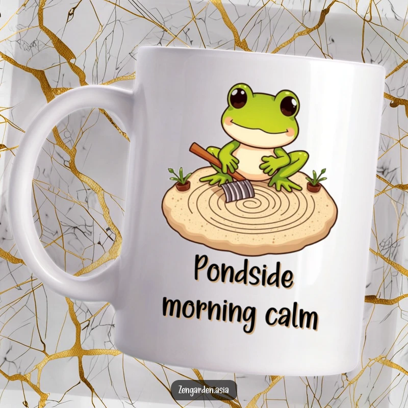 Funny Frog Zen Master Mug featuring a frog carefully raking intricate patterns in a miniature sand garden, embodying calm.