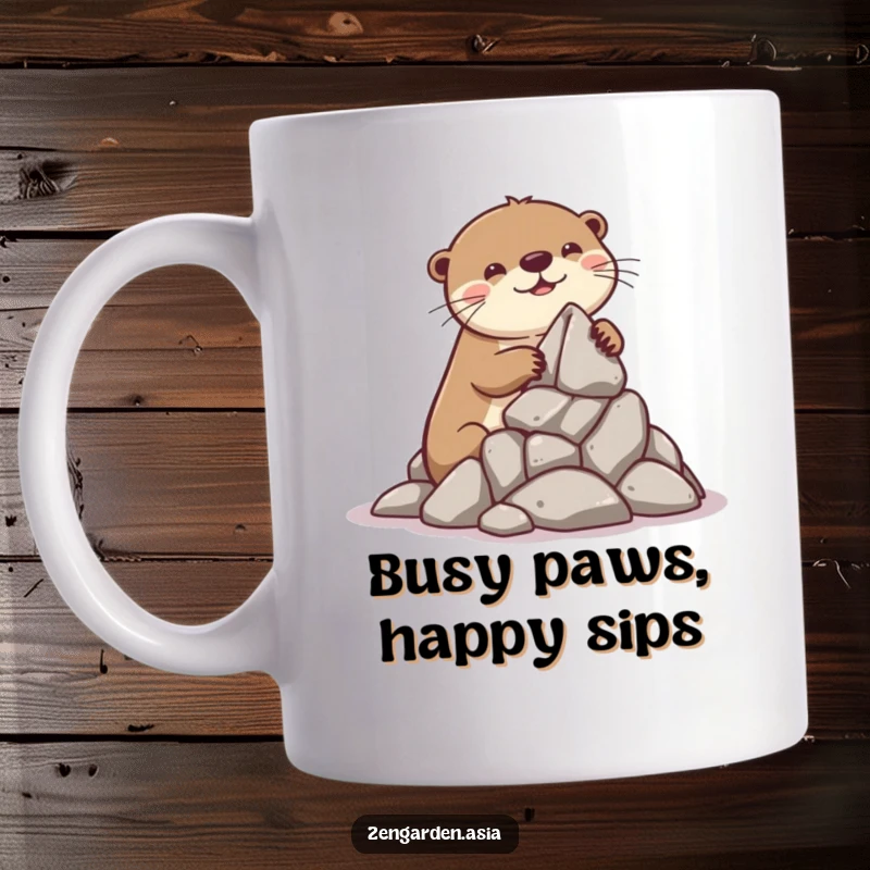 Funny Otter Builder Mug: A playful otter gleefully stacks rocks to build a miniature formation, embodying joyful, humorous construction.