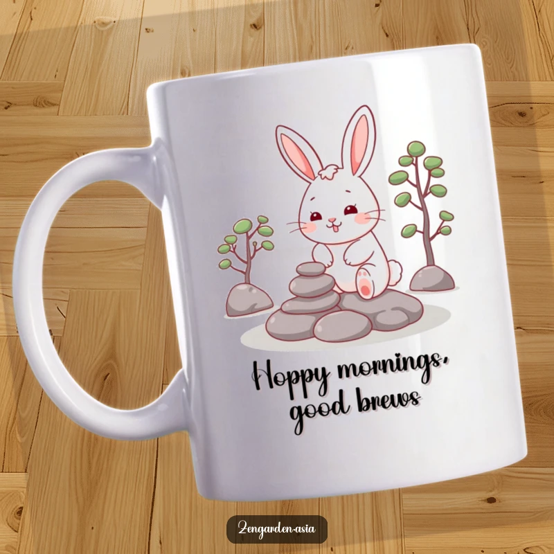 Funny Rabbit Zen Mug: A cheerful rabbit carefully places stones in a zen garden, embodying peaceful, humorous attention to detail.