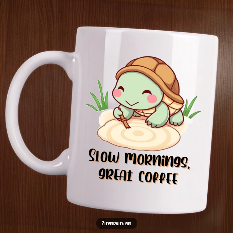 Funny Turtle Zen Mug: A tiny, smiling turtle meticulously rakes a pattern into a sandbox, embodying peaceful, humorous focus.
