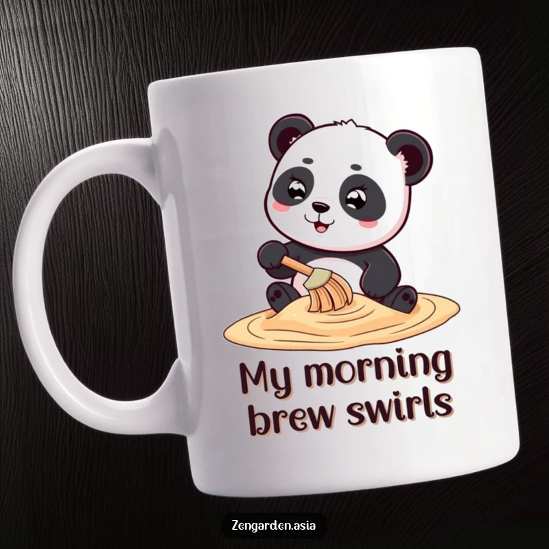 Funny playful panda character using a tiny rake to create swirling sand art, looking focused and happy.