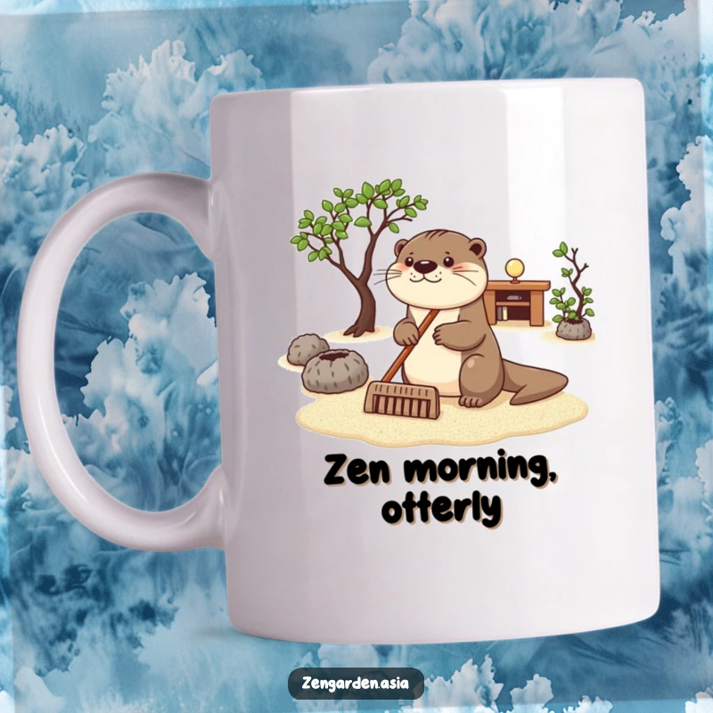 Funny otter zen mug, a happy otter calmly raking sand in a tranquil zen garden, promoting relaxation and peace.