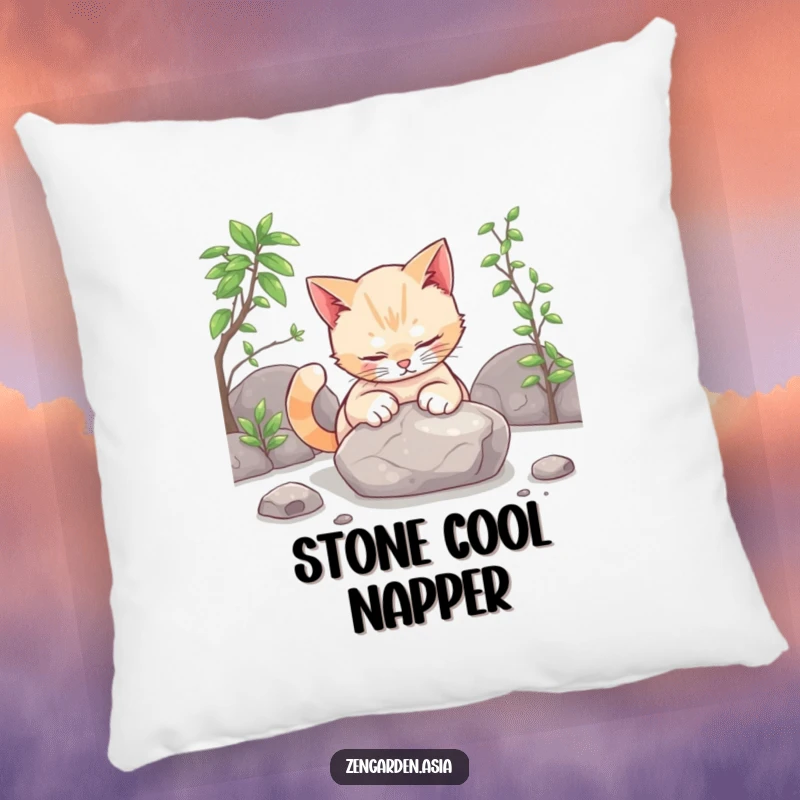 Funny cat zen pillow, a curious cat gently patting a stone in a zen garden, soft and decorative cushion.