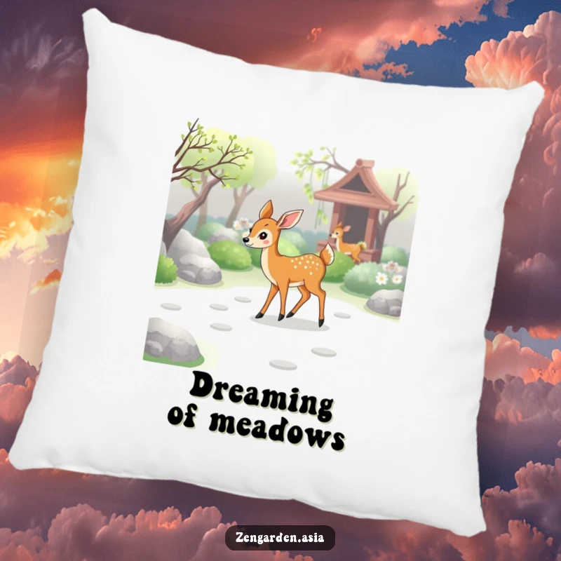 Funny deer zen pillow, a graceful deer walking through a zen garden, leaving paw prints, soft and decorative.
