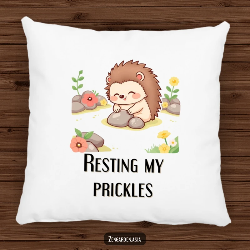 Funny happy hedgehog placing stones in a tranquil garden, featured on a soft and humorous decorative pillow.