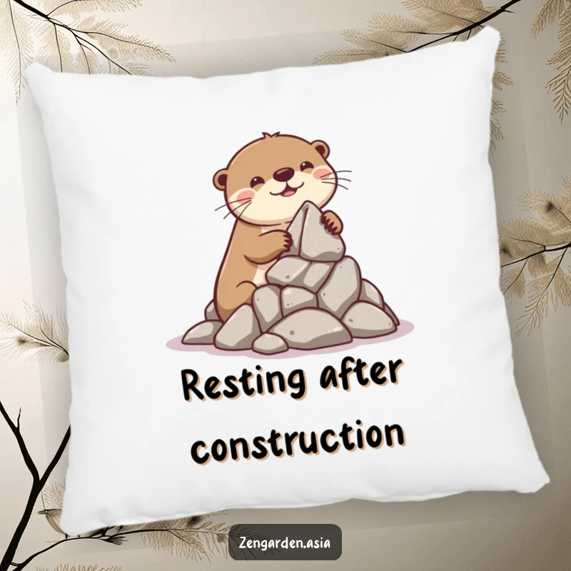 Funny Otter Builder Pillow: A playful otter smiles while building a rock formation, offering comfortable, humorous creativity for your space.