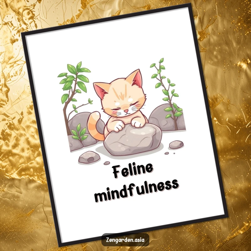 Funny cat zen digital art print, a curious cat gently patting a smooth stone in a calm zen garden, high-resolution artwork.