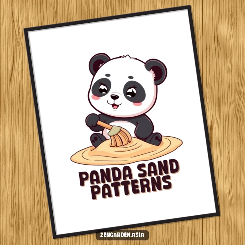 Funny playful panda character using a tiny rake to create swirling sand art, offered as a humorous and downloadable digital art print.