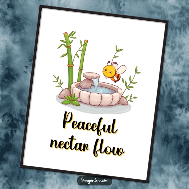 Funny Zen Bee Digital Art Print of a happy bee exploring a miniature zen garden with a bamboo fountain, evoking humor and tranquility.