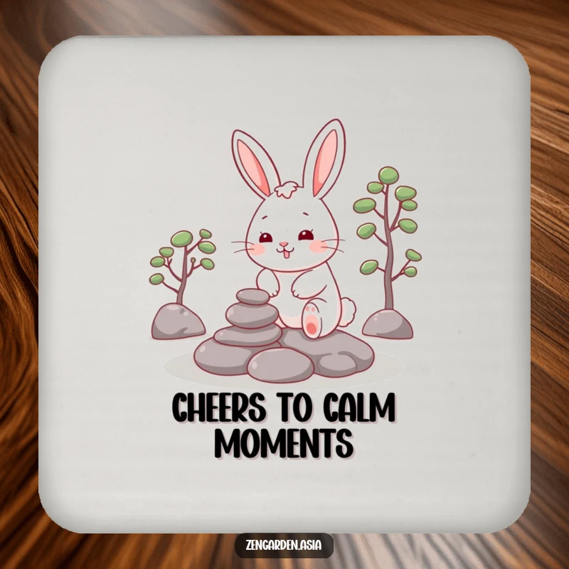 Funny Rabbit Zen Coaster: A cheerful rabbit carefully places stones in a zen garden, protecting your table with calm.