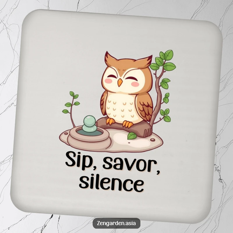 Funny owl character meditating peacefully beside a Zen garden, featured on protective and humorous drink coasters.