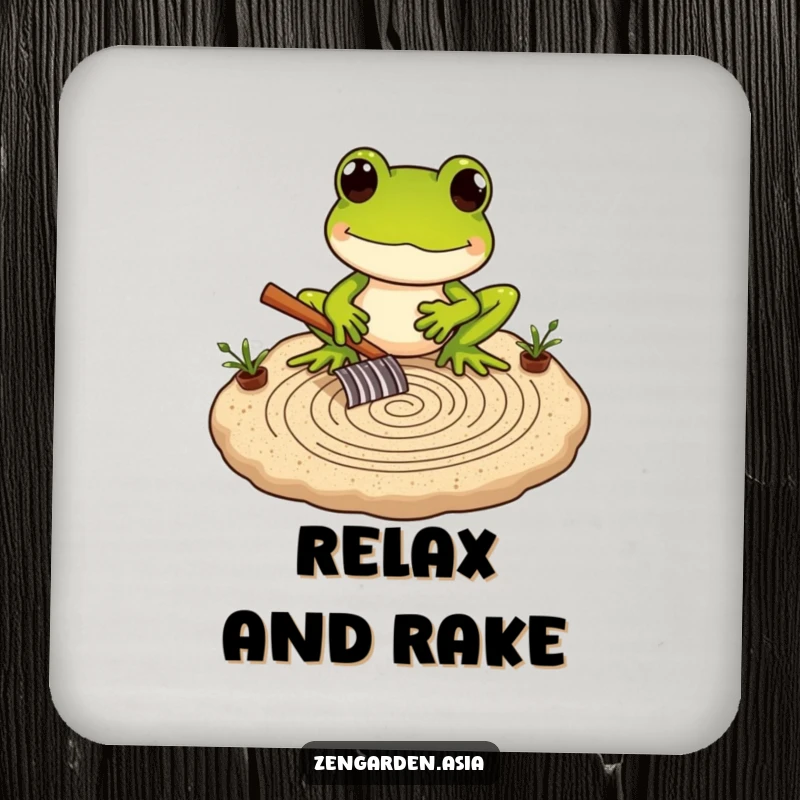 Funny Frog Zen Master Coaster featuring a frog carefully raking a miniature sand garden, perfect for protecting surfaces.