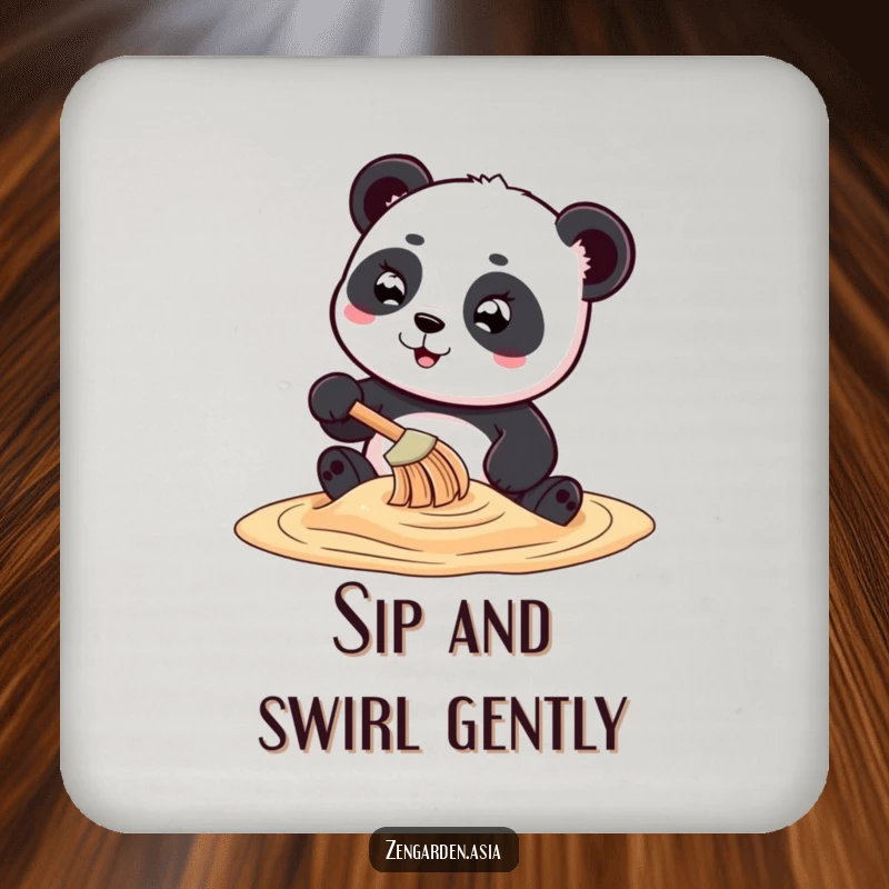 Funny playful panda character using a tiny rake for swirling sand art, featured on protective and humorous drink coasters.