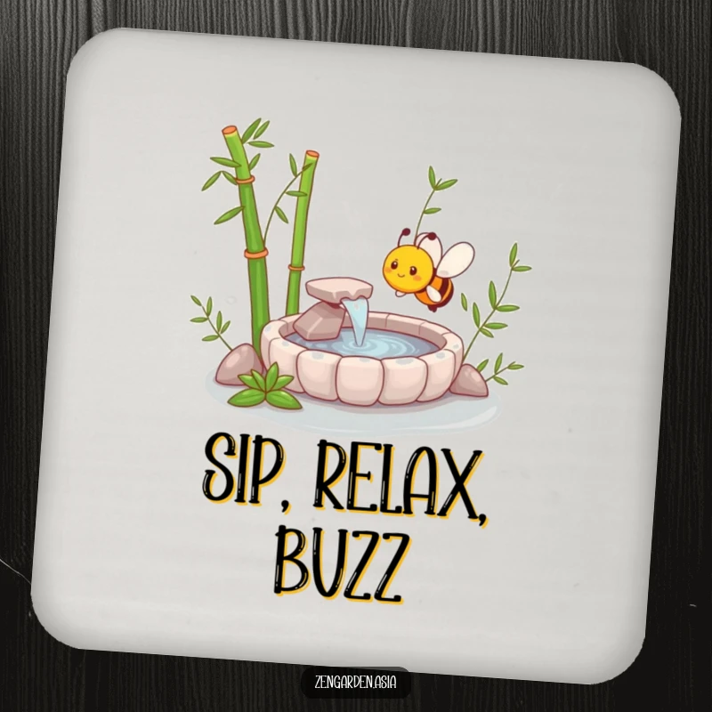 Funny Zen Bee Drink Coaster featuring a happy bee near a miniature zen garden bamboo fountain, adding a humorous touch to drink protection.