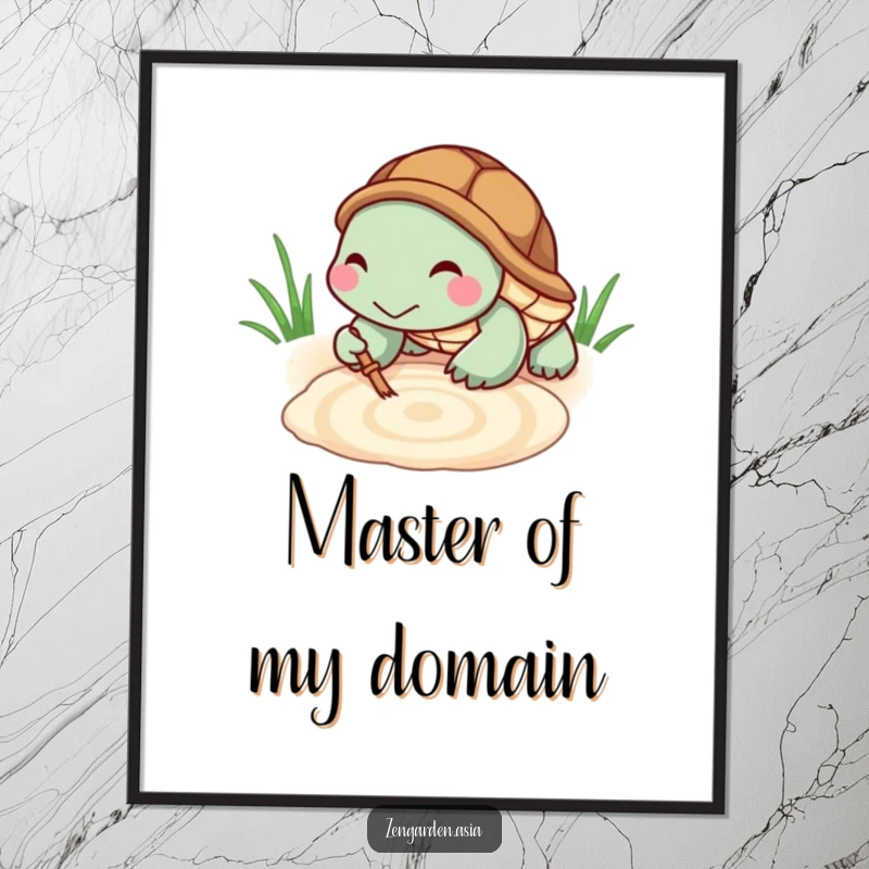 Funny Turtle Zen Poster: A tiny turtle beams with satisfaction as it rakes a perfect zen pattern in a sandbox, bringing calm.