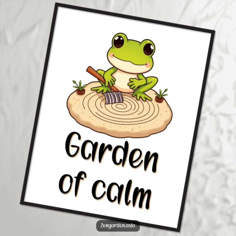 Funny Frog Zen Master Poster showing a frog carefully raking intricate patterns in a miniature sand garden, embodying peace.