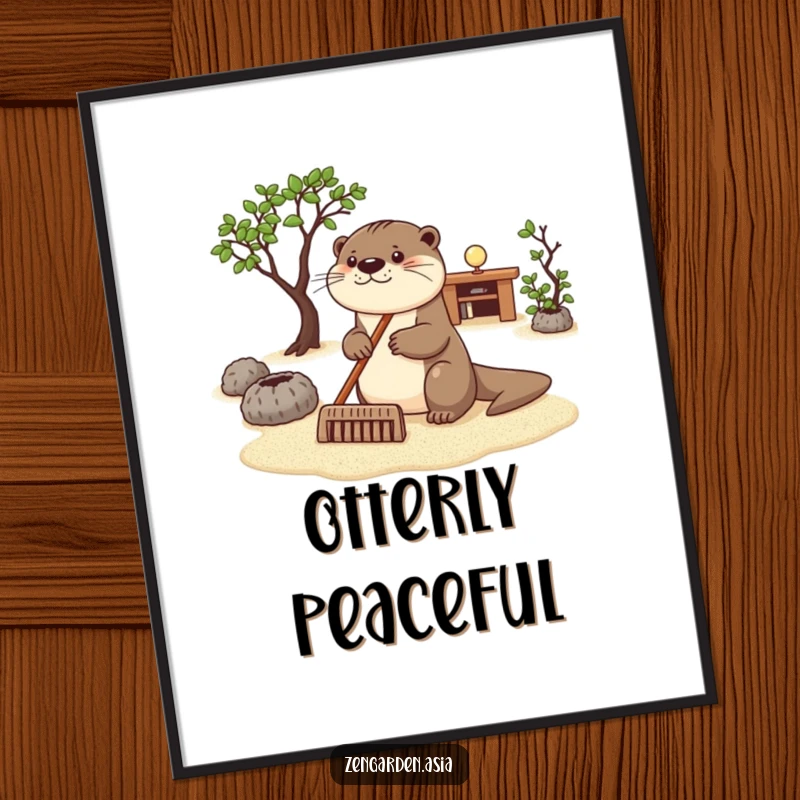 Funny otter zen poster, a happy otter carefully raking sand in a tranquil zen garden, adds peaceful decor.