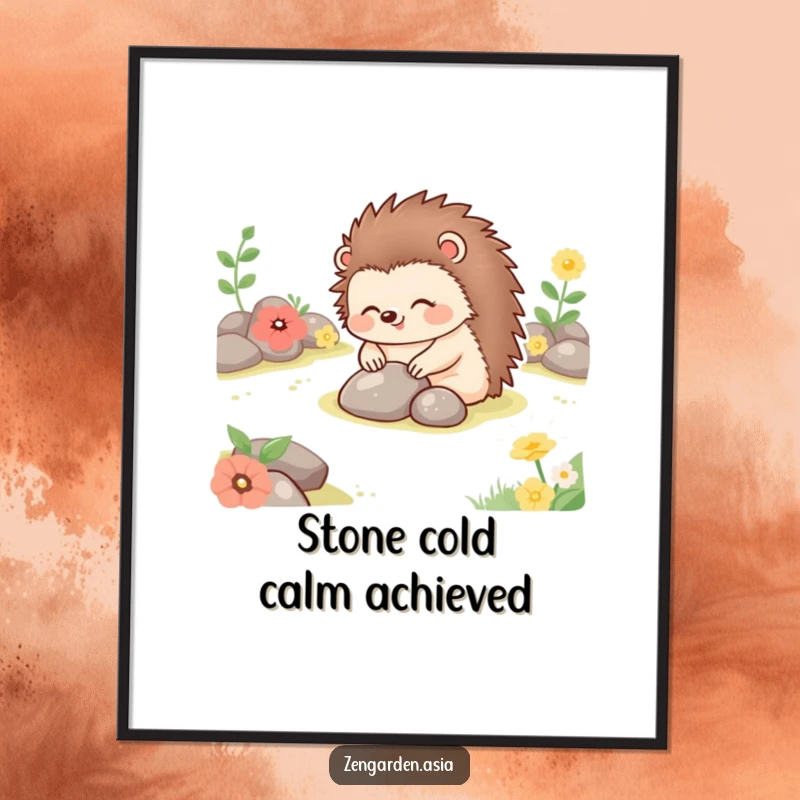 Funny happy hedgehog gently placing stones in a tranquil garden, presented as humorous and charming wall art.
