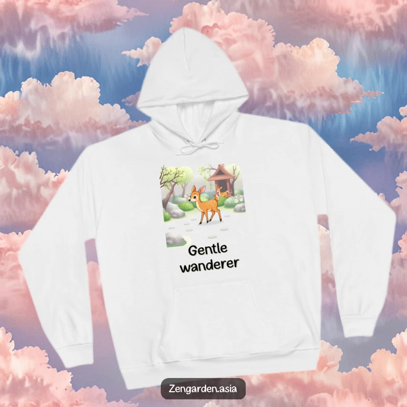 Funny deer zen hoodie, a graceful deer walking through a zen garden, leaving gentle paw prints, soft and comforting.