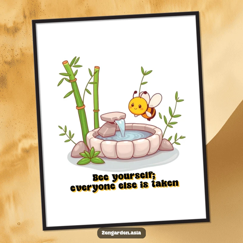 Funny Free Printable Bee Zen Garden Wall Art: A cheerful bee meditating beside a tranquil bamboo fountain, adding zen and humor.