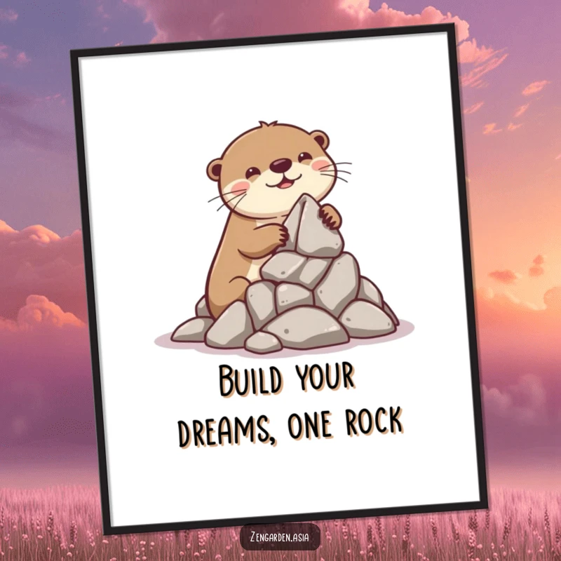 Funny Free Printable Wall Art: A playful otter gleefully constructs a miniature rock formation, showcasing skill and joy.