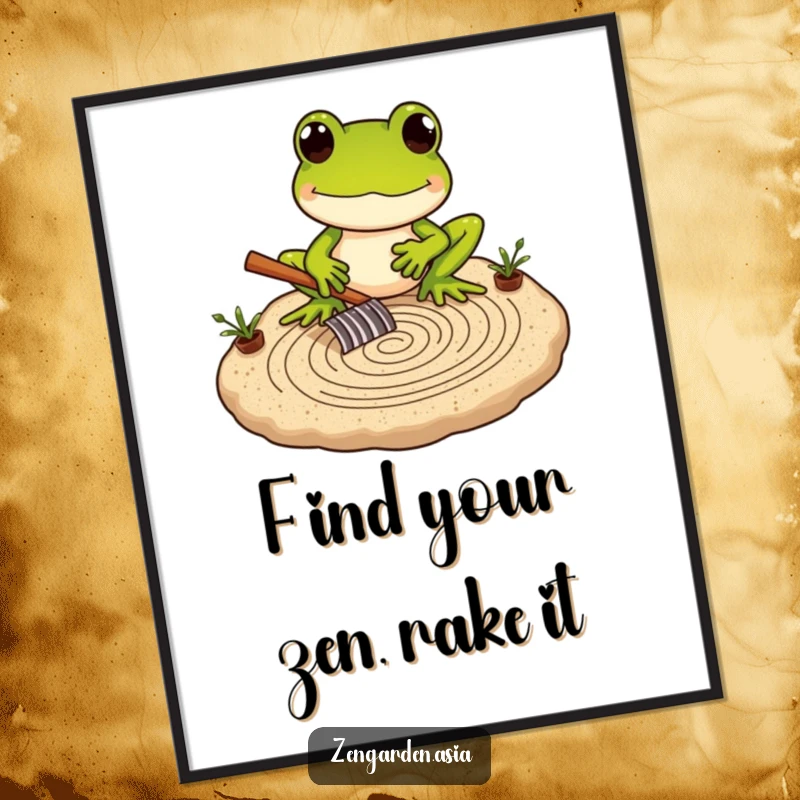 Funny free printable wall art of a frog carefully raking intricate patterns in a miniature sand garden, promoting calm.