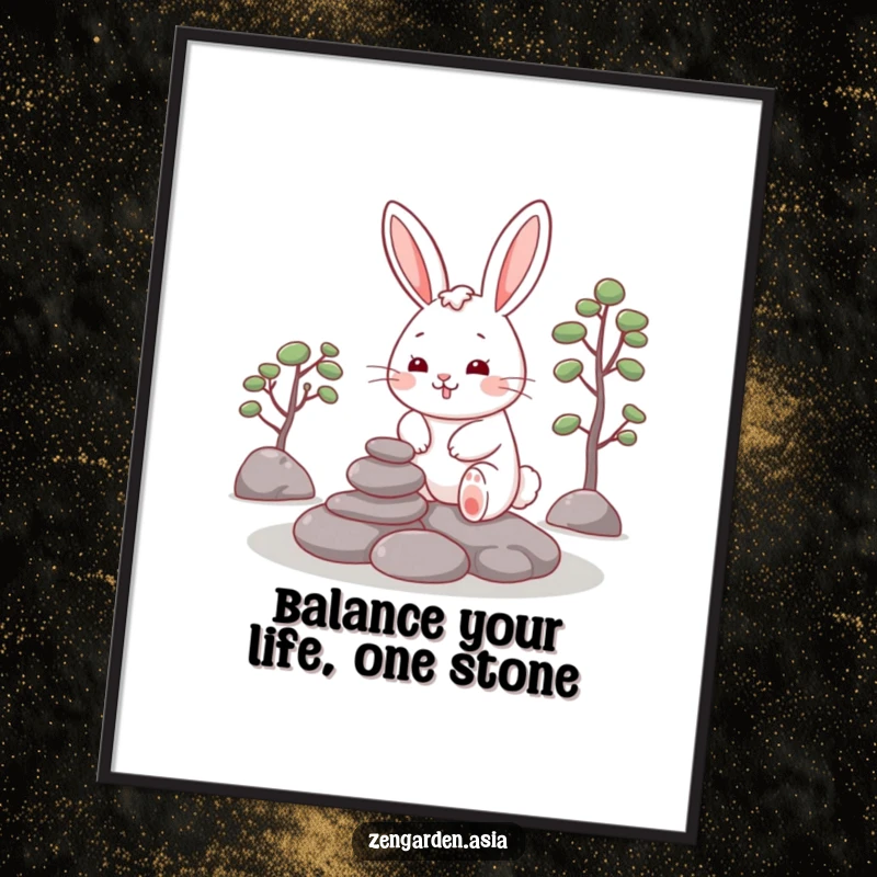 Funny Free Printable Wall Art: A cheerful rabbit carefully places stones in a serene zen garden, creating peace and balance.