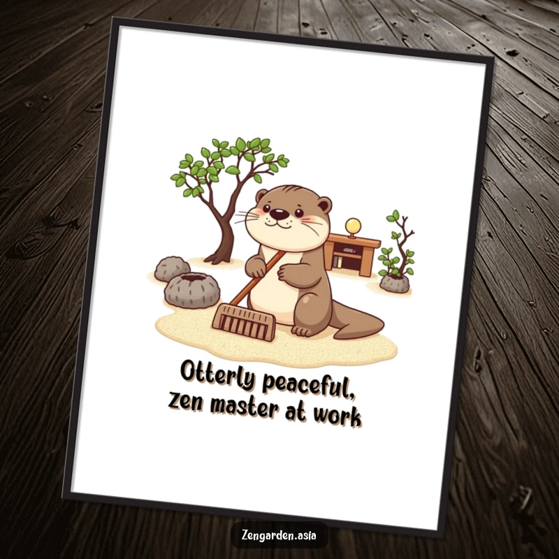 Funny Free Printable Wall Art: Happy otter peacefully rakes sand in a tranquil zen garden, creating a calming and humorous scene.