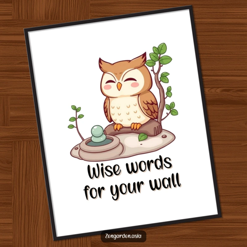 Funny free printable wall art of a curious owl meditating peacefully in a zen garden, adding humor and tranquility to decor.
