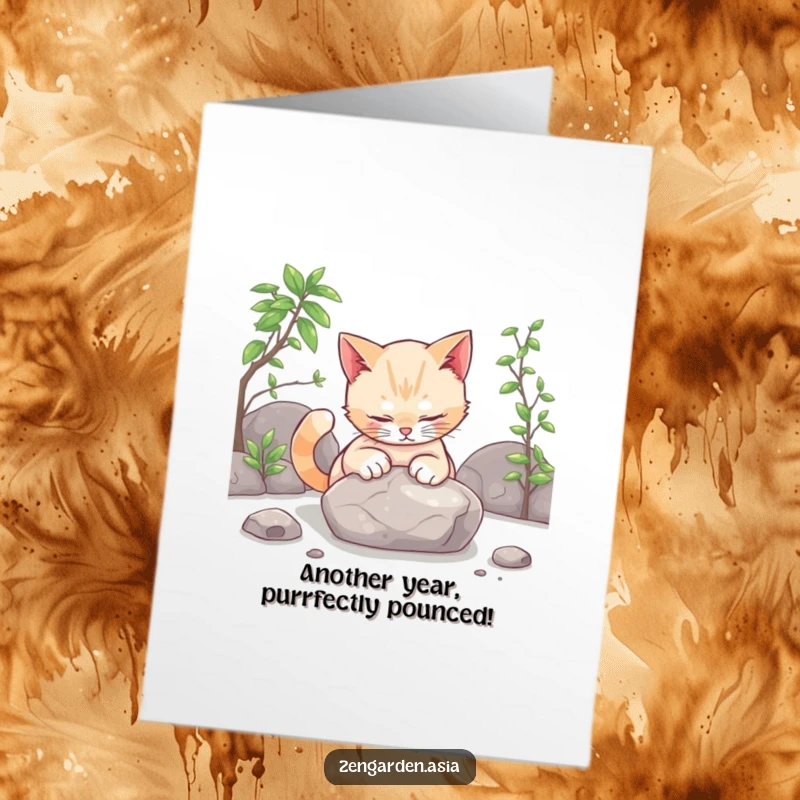 Funny Free Printable Birthday Card: A curious cat gently pats a smooth stone in a zen garden, wishing you a calm birthday.