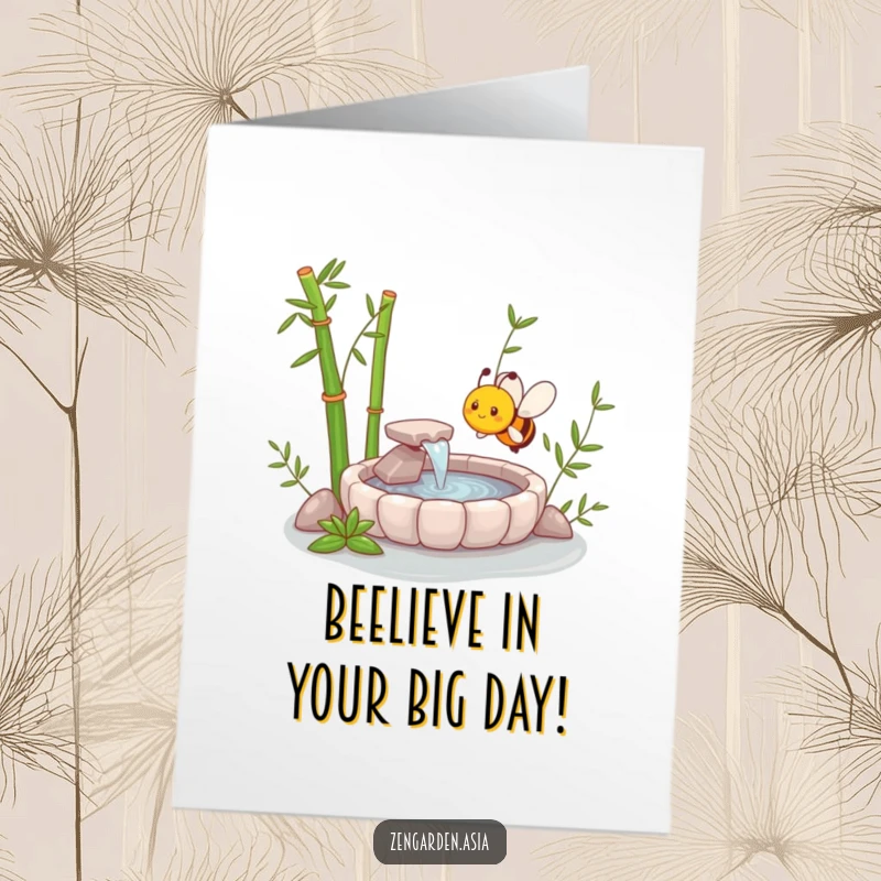 Funny Free Printable Bee Zen Garden Birthday Card: A happy bee meditating by a tiny zen fountain, spreading birthday cheer.