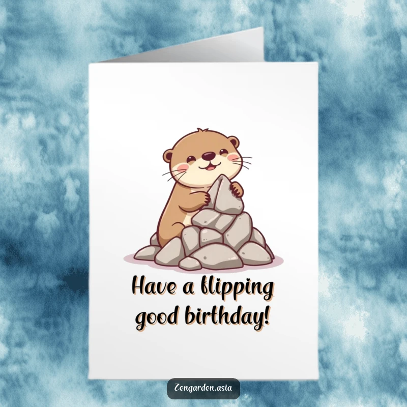Funny Free Printable Birthday Card: A playful otter gleefully builds a miniature rock formation, celebrating a fun-filled birthday.
