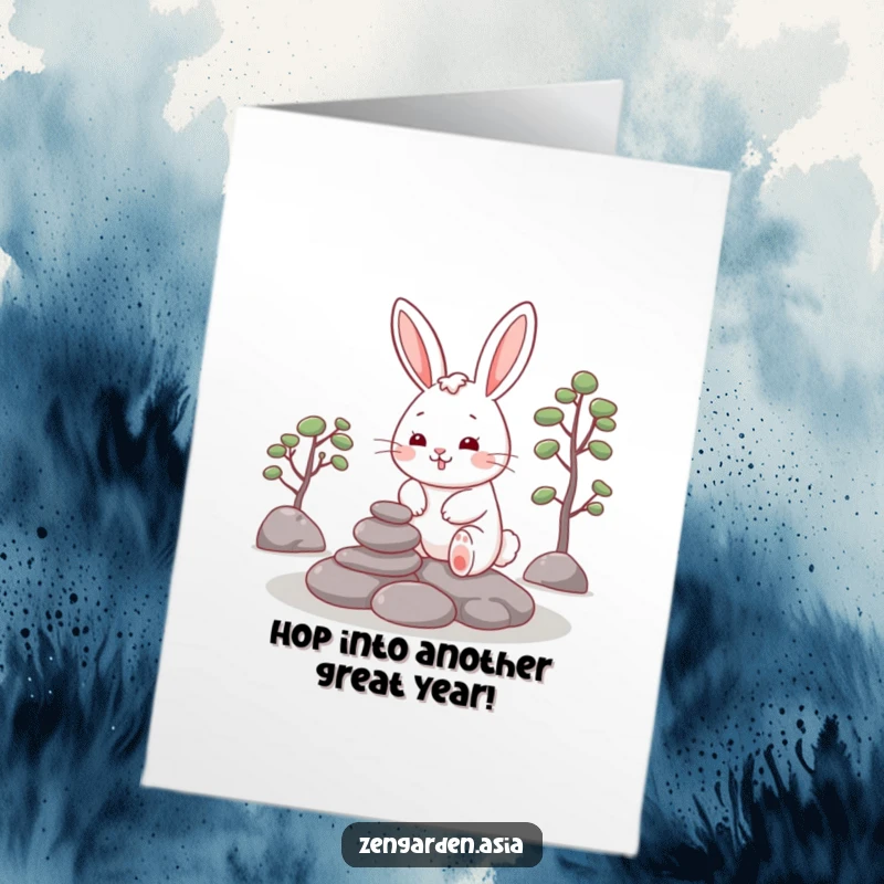 Funny Free Printable Birthday Card: A cheerful rabbit carefully places stones in a zen garden, wishing a balanced birthday.