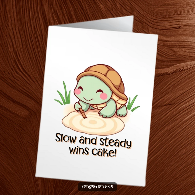 Funny Free Printable Birthday Card: A tiny turtle with a wide grin meticulously rakes a pattern in a sandbox, celebrating with patience.
