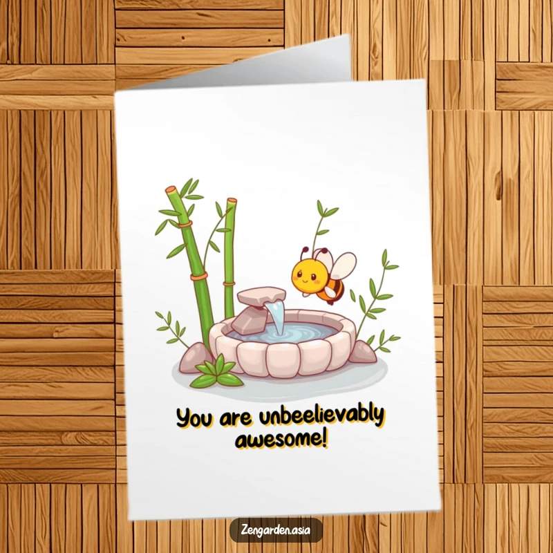 Funny Free Printable Bee Zen Garden Congratulations Card: A happy bee finds inner peace at a zen fountain, celebrating your win.