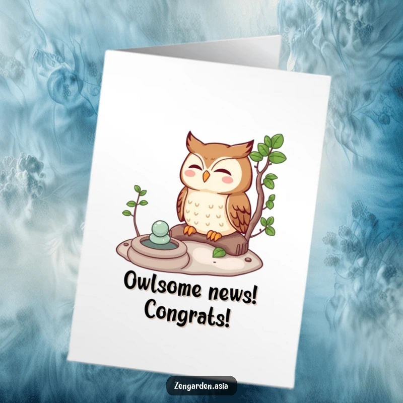 Funny free printable congratulations card showcasing a meditating owl in a zen garden, a humorous nod to accomplishment.